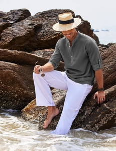 Detail of dark gray textured stripe shirt with stand collar for summer vacation