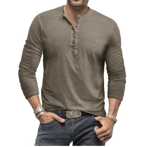 Men's vintage tie-dye Henley long sleeve shirt with buttons in a washed khaki slim fit