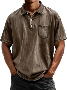 Men's vintage washed cotton short sleeve polo shirt with chest pocket in dark brown