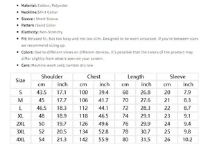 Detailed size chart for men's casual polo shirt showing dimensions from S to 4XL sizes