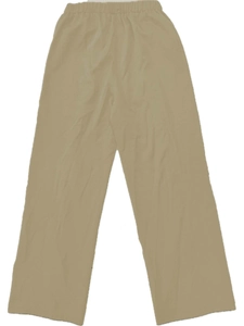 Detailed view of khaki high-waisted wide-leg trousers with an elastic waistband design