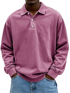 Polo à manches longues pour hommes en rose poudré délavé avec patte de boutonnage