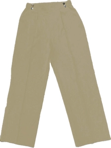 Detail of khaki high waist trousers with elastic waistband and four decorative metal buttons