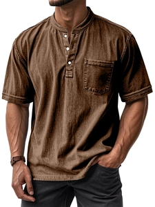 Detailed view of men's casual brown Henley shirt with buttoned round neck and chest pocket