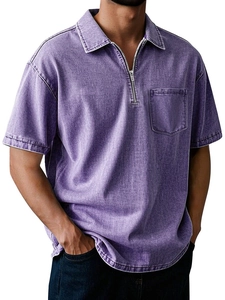 Detail of purple washed-out cotton polo shirt with zippered collar and chest pocket