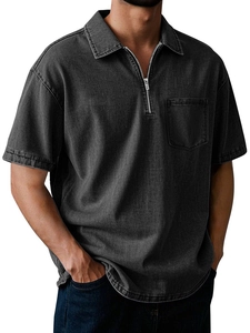 Detail of dark grey cotton polo shirt with metal zipper and front pocket