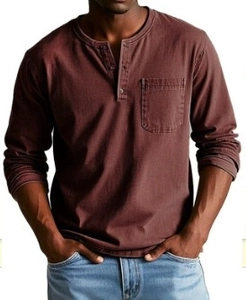 Detailed close-up of dark wine red cotton Henley shirt featuring textured fabric and buttons