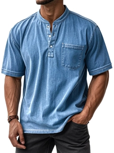 Detail of light blue short sleeve Henley shirt with three buttons and chest pocket texture