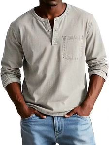 Detail of grey cotton Henley shirt with buttoned collar and front chest pocket