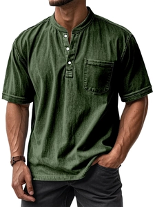 Detail of dark green cotton Henley shirt with a buttoned collar and chest pocket