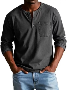 Detail view of charcoal grey cotton Henley shirt with pocket and three-button placket
