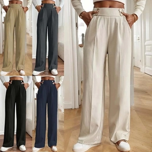Women High Waist Wide Leg Pants Elegant Polyester Drapey Floor Length Trousers With Decorative Metal Buttons For Office Daily Wear