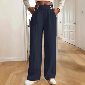 Deep blue wide-leg trousers with elegant gold double-breasted buttons and high waist