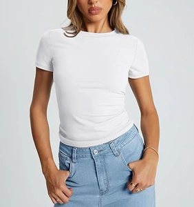 Close-up of slim fit white t-shirt featuring a classic crew neck and premium stretch fabric
