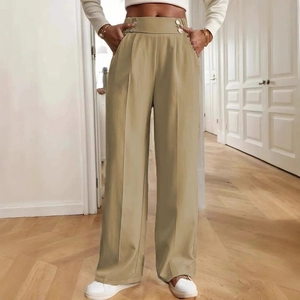 High-waisted khaki wide-leg trousers with double button waist and sharp front pleats
