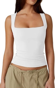 Detail of white square neck slim fit sleeveless tank top in soft knit fabric for summer