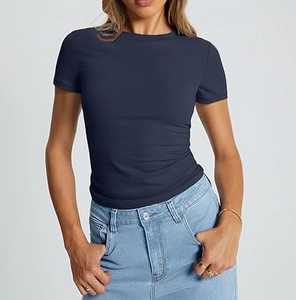 Detail of slim fit navy blue short sleeve t-shirt with classic crew neck for women