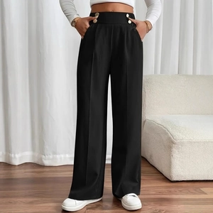 Women's black high-waist wide-leg trousers with gold buttons and professional drape