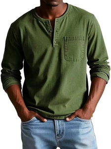 Close-up of army green Henley shirt featuring a three-button placket and square chest pocket