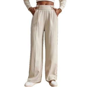 Elegant high-waisted draped wide-leg trousers in cream with double button design