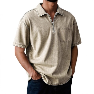 Men's retro sand yellow short sleeve polo shirt in heavy cotton with front pocket