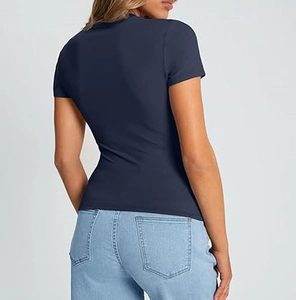 Detailed back view of a slim fit navy blue short sleeve T-shirt with fine fabric texture