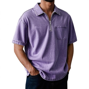 Men's casual purple cotton polo shirt with short sleeves and quarter-zip collar design