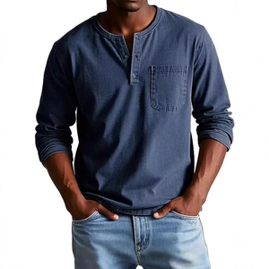 Men Cotton Long Sleeve Henley Shirt Washed Vintage Casual Solid Color Button Placket Top With Pocket For Spring Autumn