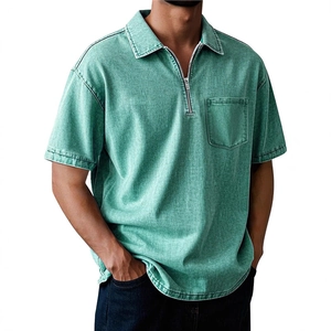 Men's cotton polo shirt in vintage acid wash green with zip collar and chest pocket