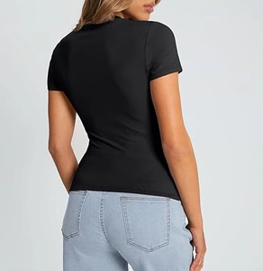 Rear view of a slim-fit black crew neck T-shirt for women showing back silhouette detail