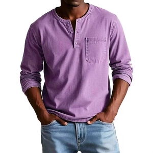 Men's purple casual cotton-polyester Henley shirt with three buttons and chest pocket