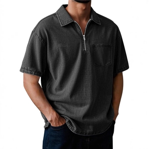 Men's charcoal grey cotton short sleeve polo shirt with half-zip and chest pocket