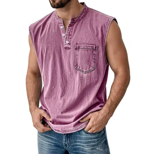 Camicia Henley Senza Maniche in Cotone da Uomo Stile Lavato Vintage Tank Top Slim Fit Con Tasca Sul Petto Gilet Casual