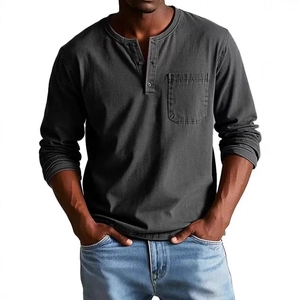 Men's slim fit dark grey Henley shirt with long sleeves and a chest pocket on white background