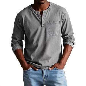 Men's grey cotton henley shirt with long sleeves and chest pocket on white background