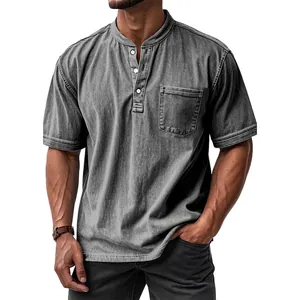 Men's vintage acid wash short sleeve Henley shirt with buttons and chest pocket