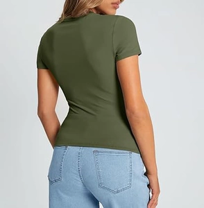 Slim fit olive green crew neck T-shirt for women showing back view and fabric texture