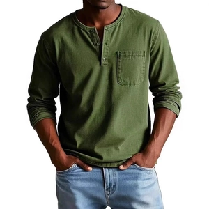 Men's olive green Henley shirt with buttons and chest pocket on white background