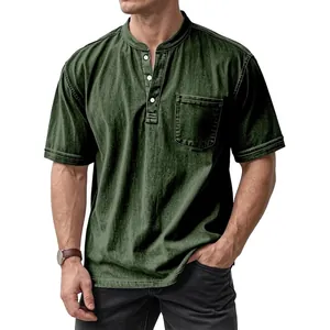 Men's vintage army green short sleeve Henley shirt with buttoned collar and pocket