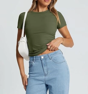 Detailed view of women's slim fit crew neck T-shirt in olive green with ribbed texture