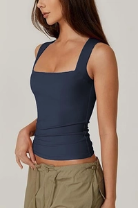 Detailed side view of navy blue square neck slim fit tank top with wide straps