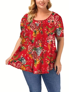 Detalle del estampado floral rojo en blusa holgada de talla grande con cuello redondo