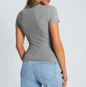 Slim fit gray t-shirt for women shown from back view paired with light blue denim jeans