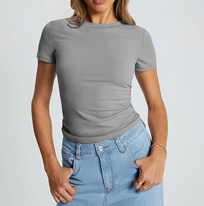 Detail of grey slim fit crew neck T-shirt with high elasticity cotton fabric