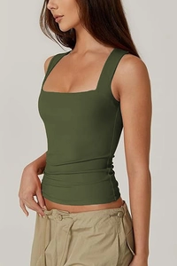 Detail view of square neck sleeveless rib-knit crop top in army green color