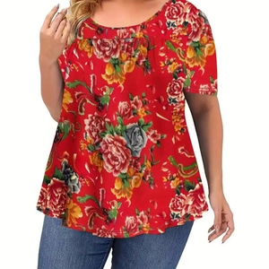 Camiseta de Talla Grande Para Mujer Casual Con Estampado Floral Cuello Redondo Manga Corta Top Holgado En Línea A Verano