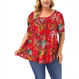 Top túnica de talla grande para mujer con estampado de flores rojas y corte suelto