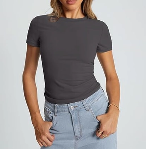 Close-up of a slim fit dark grey women's round neck T-shirt with soft elastic fabric