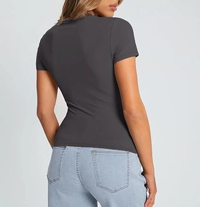 Rear view of slim fit dark gray short sleeve T-shirt with round neck and premium fabric