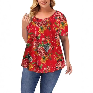 Top de verano de talla grande para mujer con estampado de rosa roja y cuello redondo